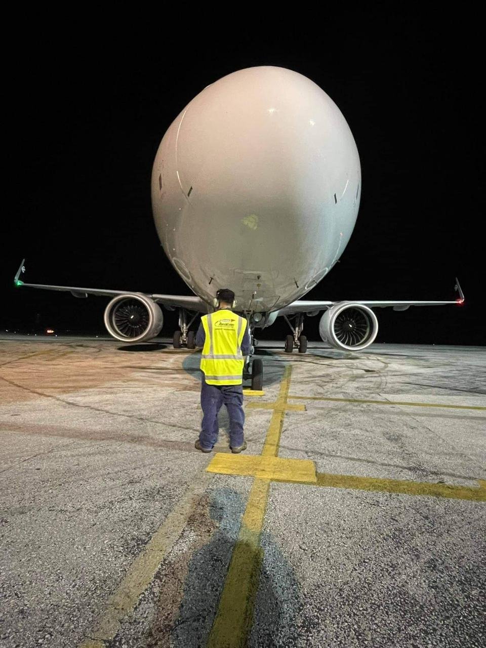 Palu aviation aircraft engineer standing in front of an aircraft on the runway at nighttime.